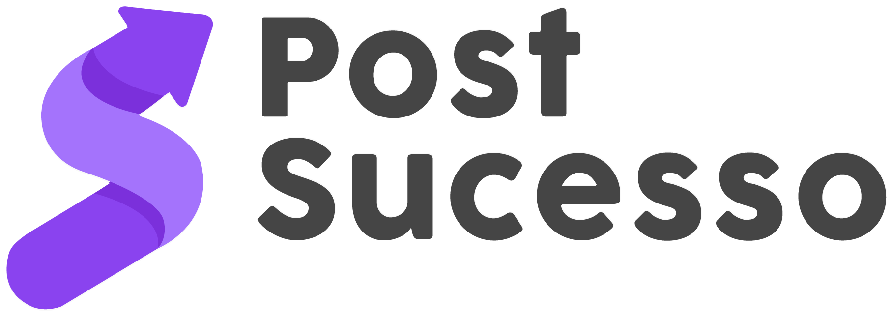 Logo for Post Sucesso, featuring a bold black font next to a large purple upward arrow forming an "S" shape on a transparent background.